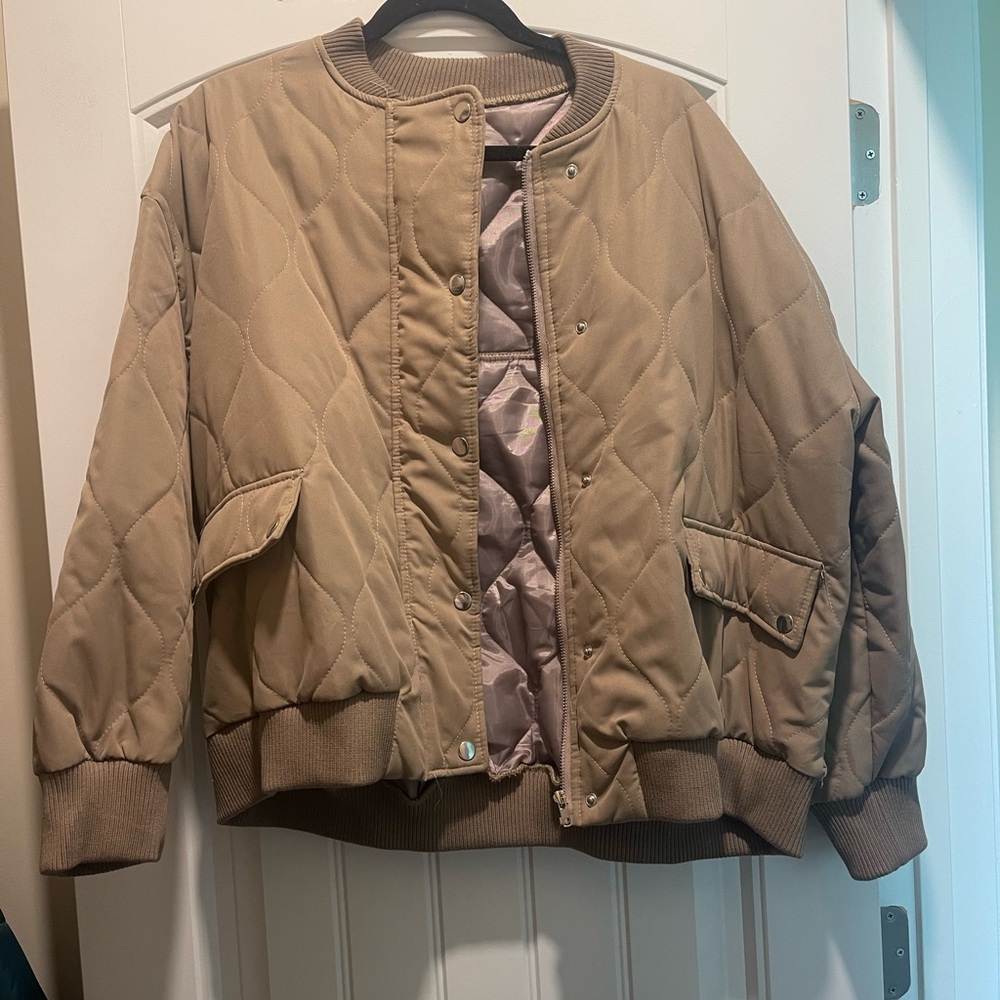 Tan Quilted Bomber Jacket